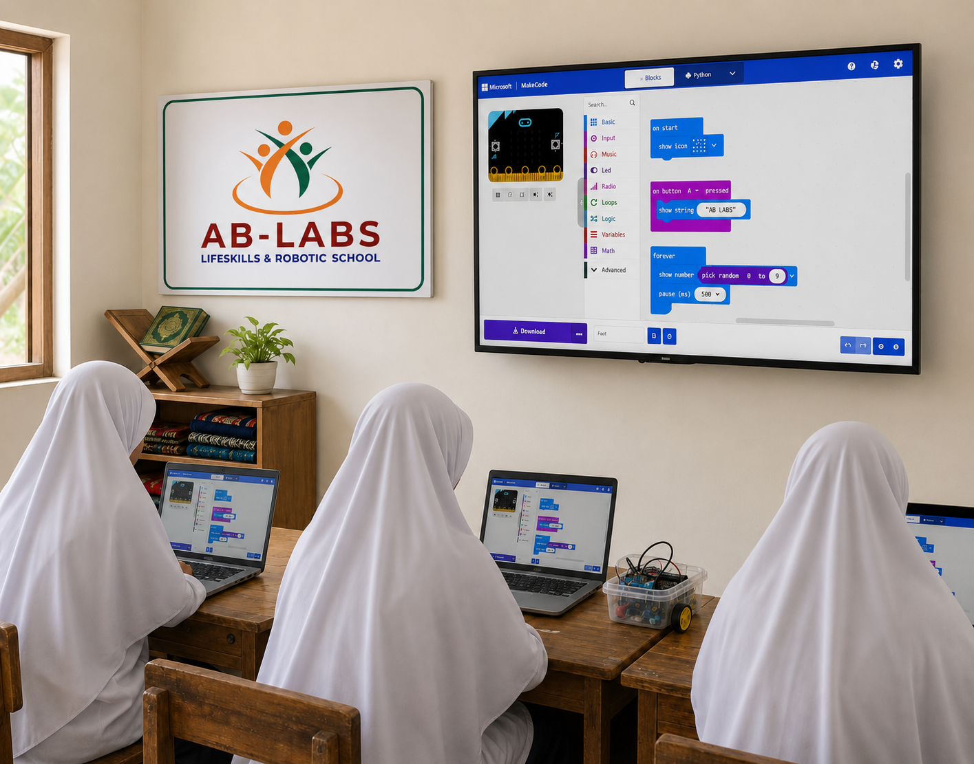 Santri putri AB LABS berjilbab lebar syar'i membelakangi kamera, belajar coding MakeCode di kelas sederhana yang rapi dan nyata dengan logo AB LABS di dinding