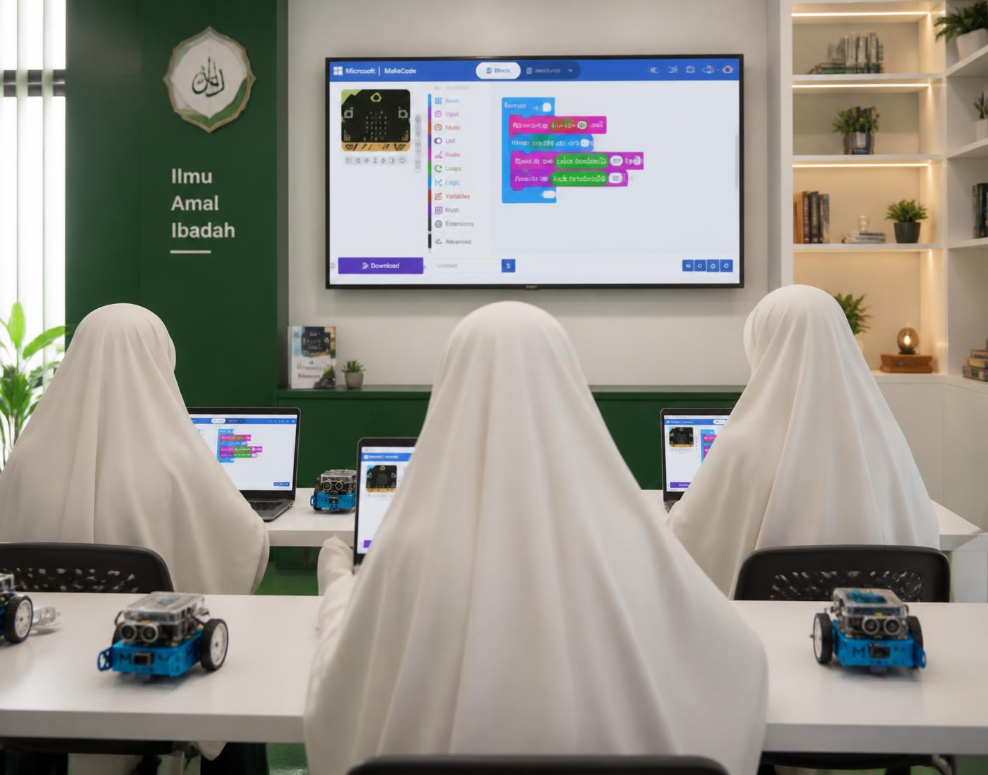 Santri putri AB LABS berjilbab syar'i belajar coding dan robotik di kelas modern
